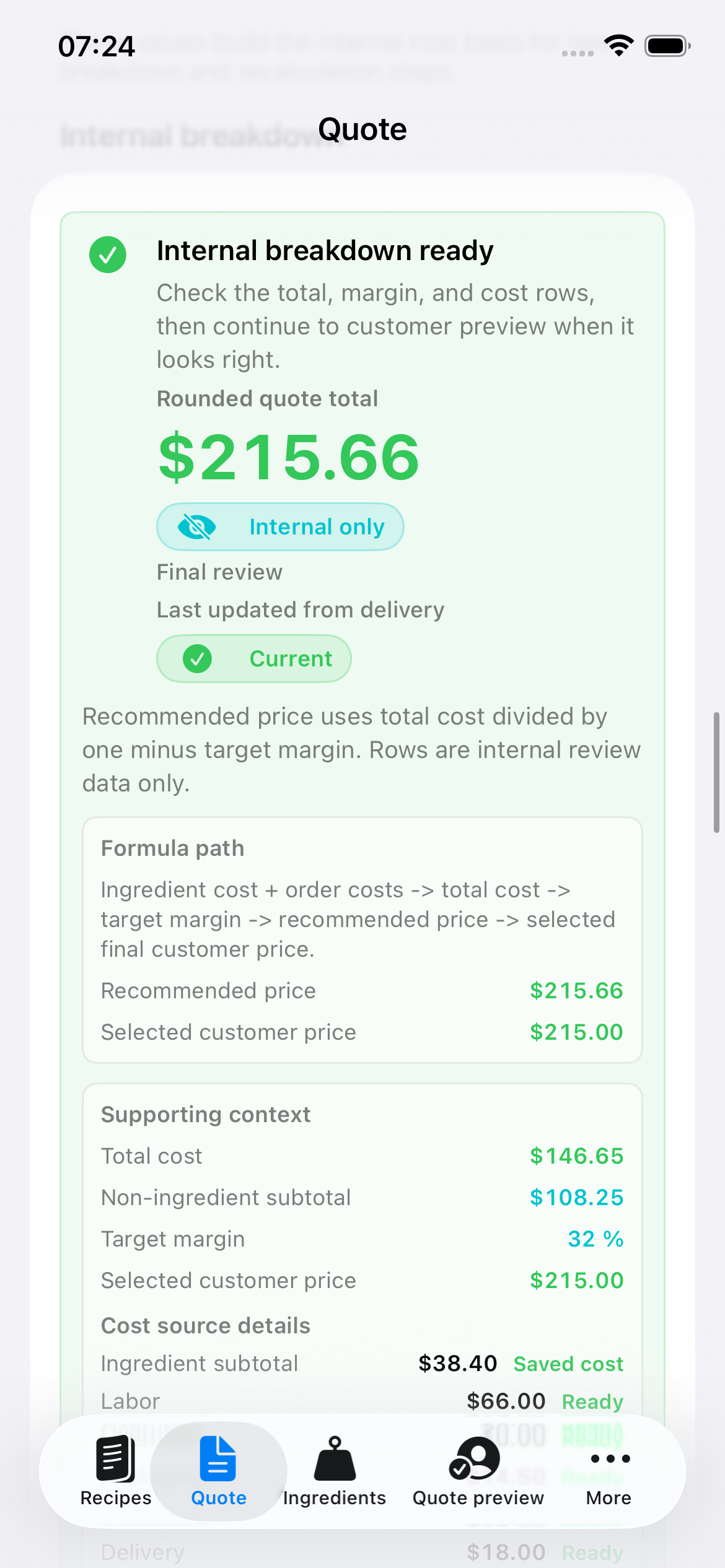 Portion Margin app screenshot showing the internal quote review screen with synthetic bakery data