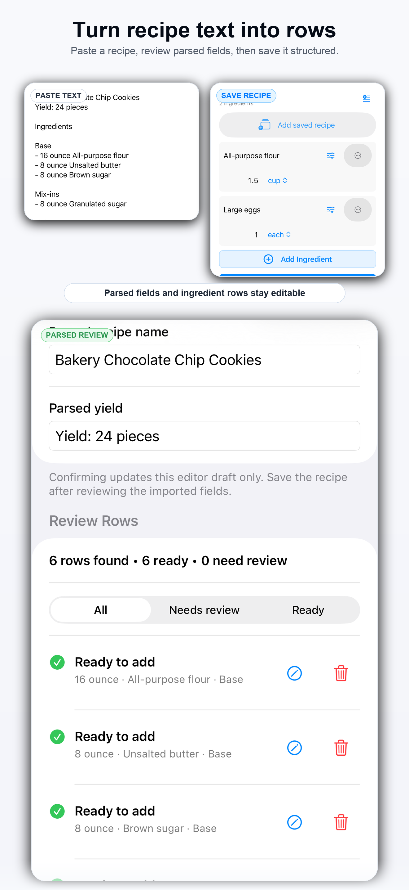 Portion Margin recipe import review screen showing parsed rows for a bakery recipe