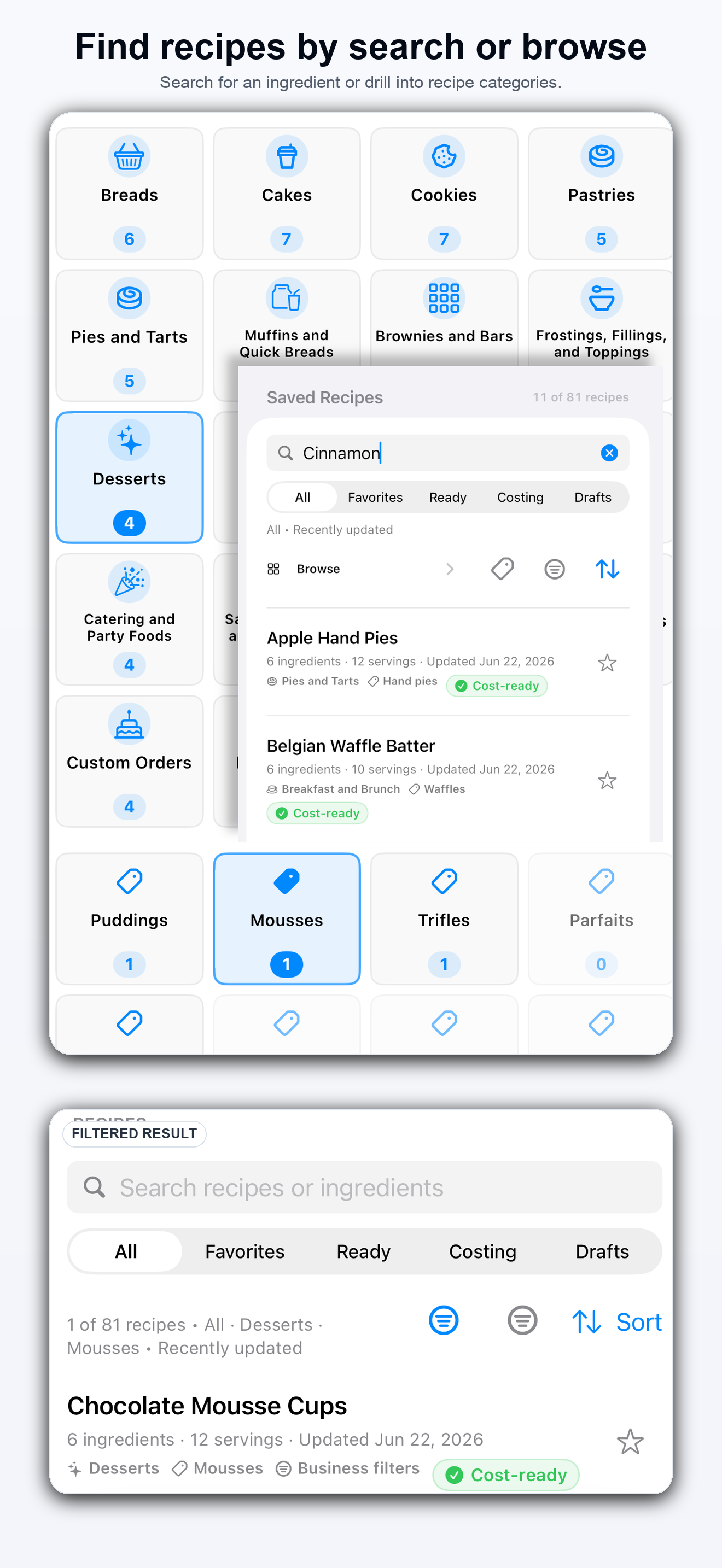 Portion Margin recipe browse screen showing search and category filters for bakery recipes