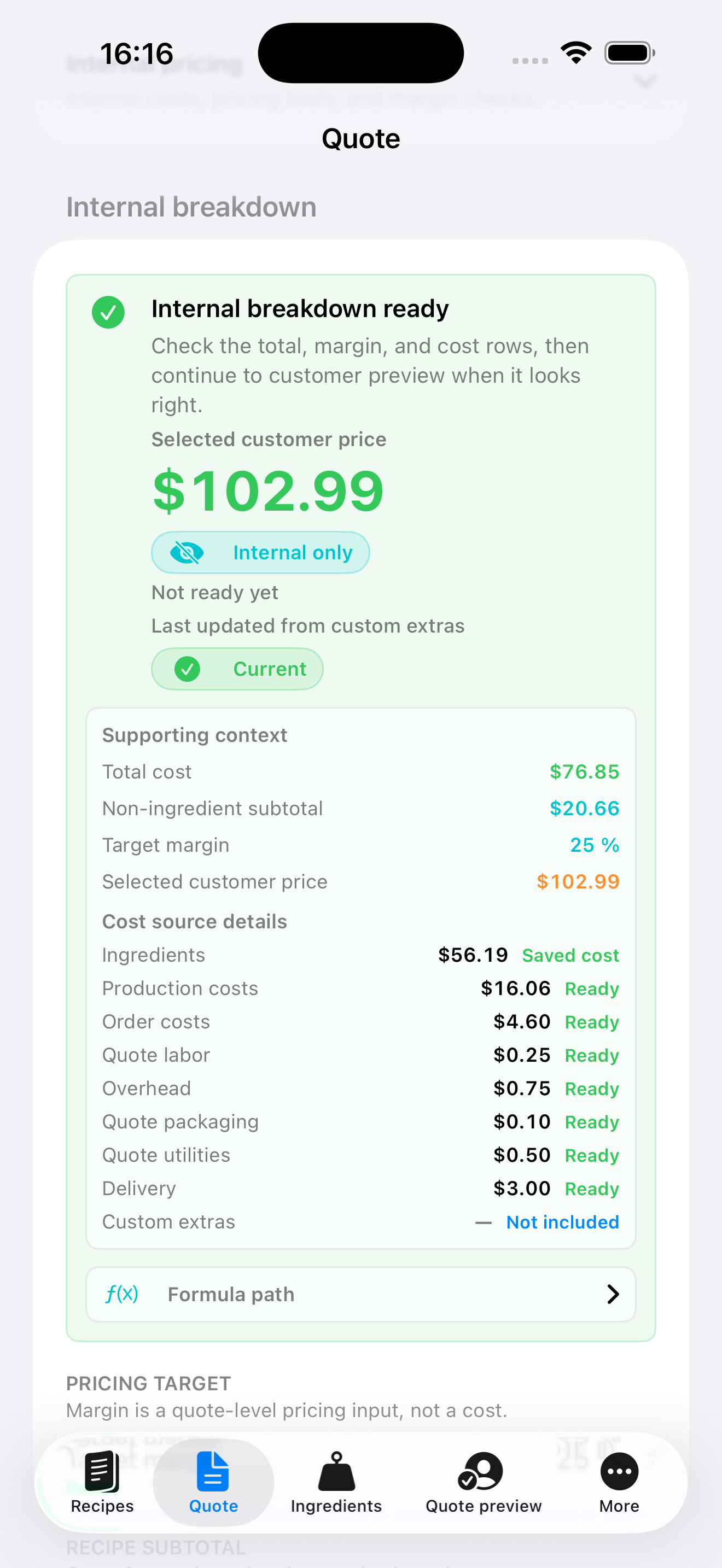 Portion Margin private quote breakdown screen with costs and reviewed total