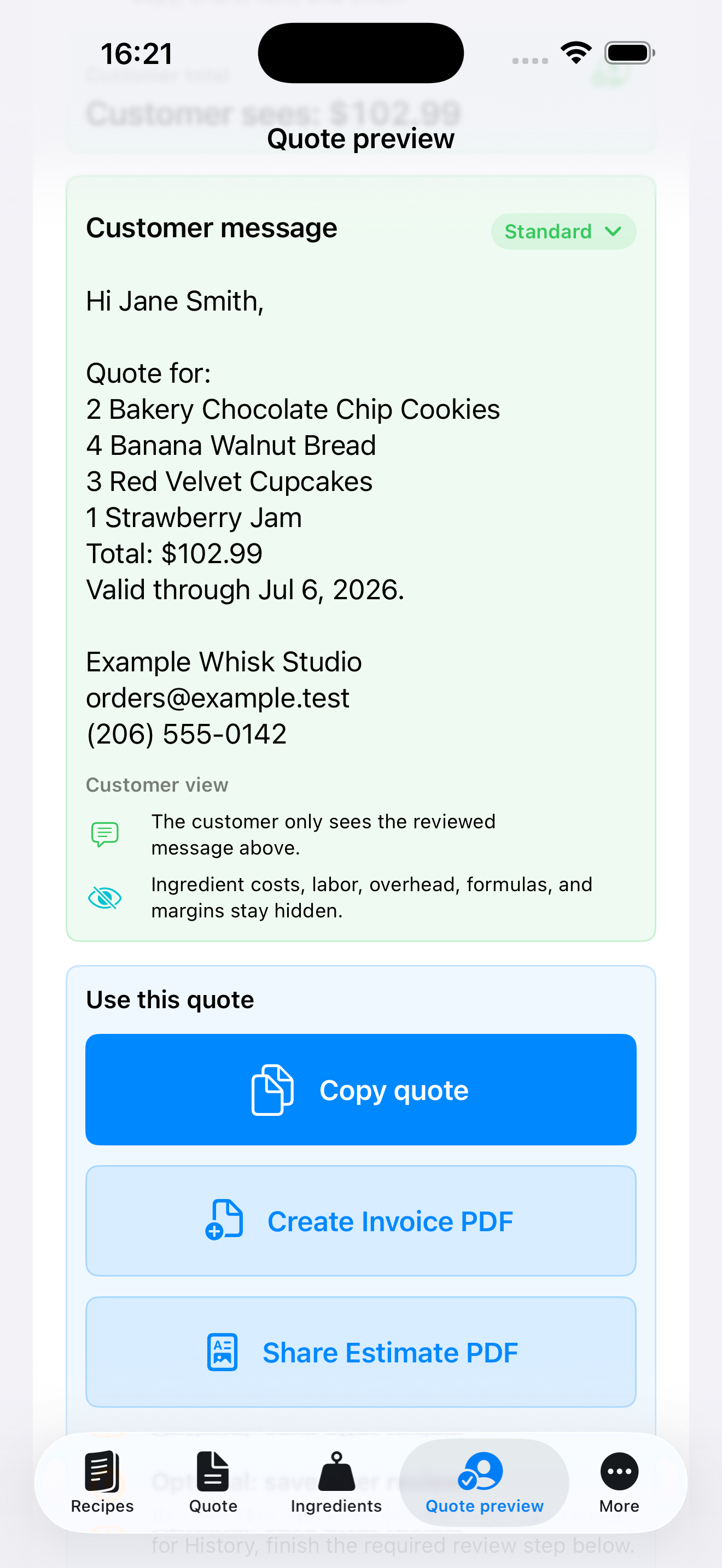 Portion Margin customer quote preview screen showing a customer message