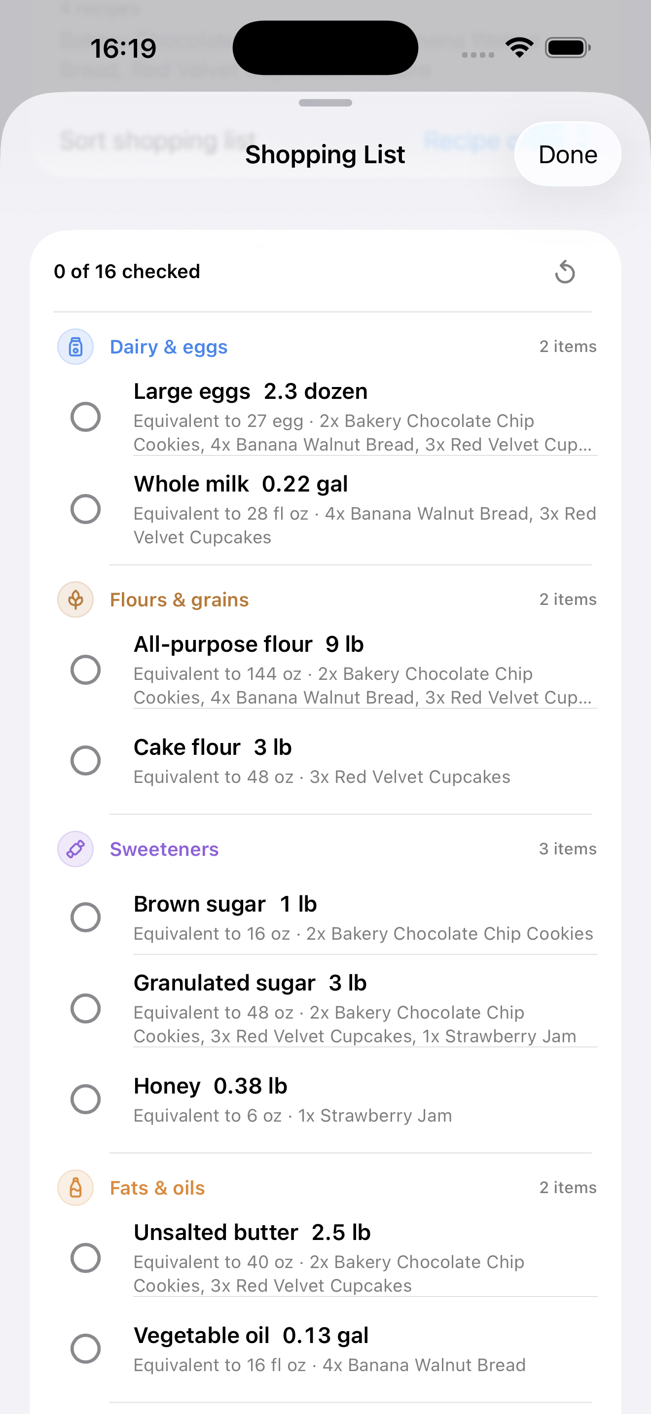 Portion Margin shopping list screen grouped by ingredient category for bakery recipes