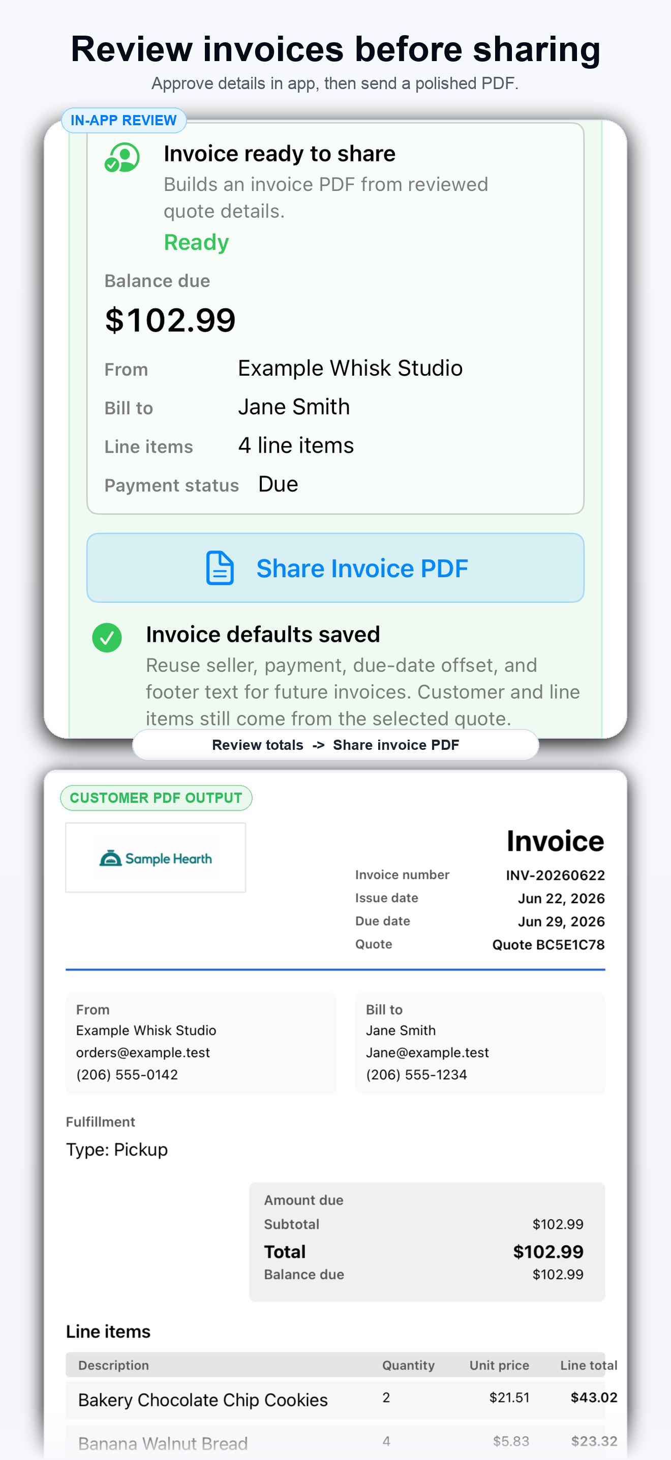 Portion Margin invoice preview screen before sharing