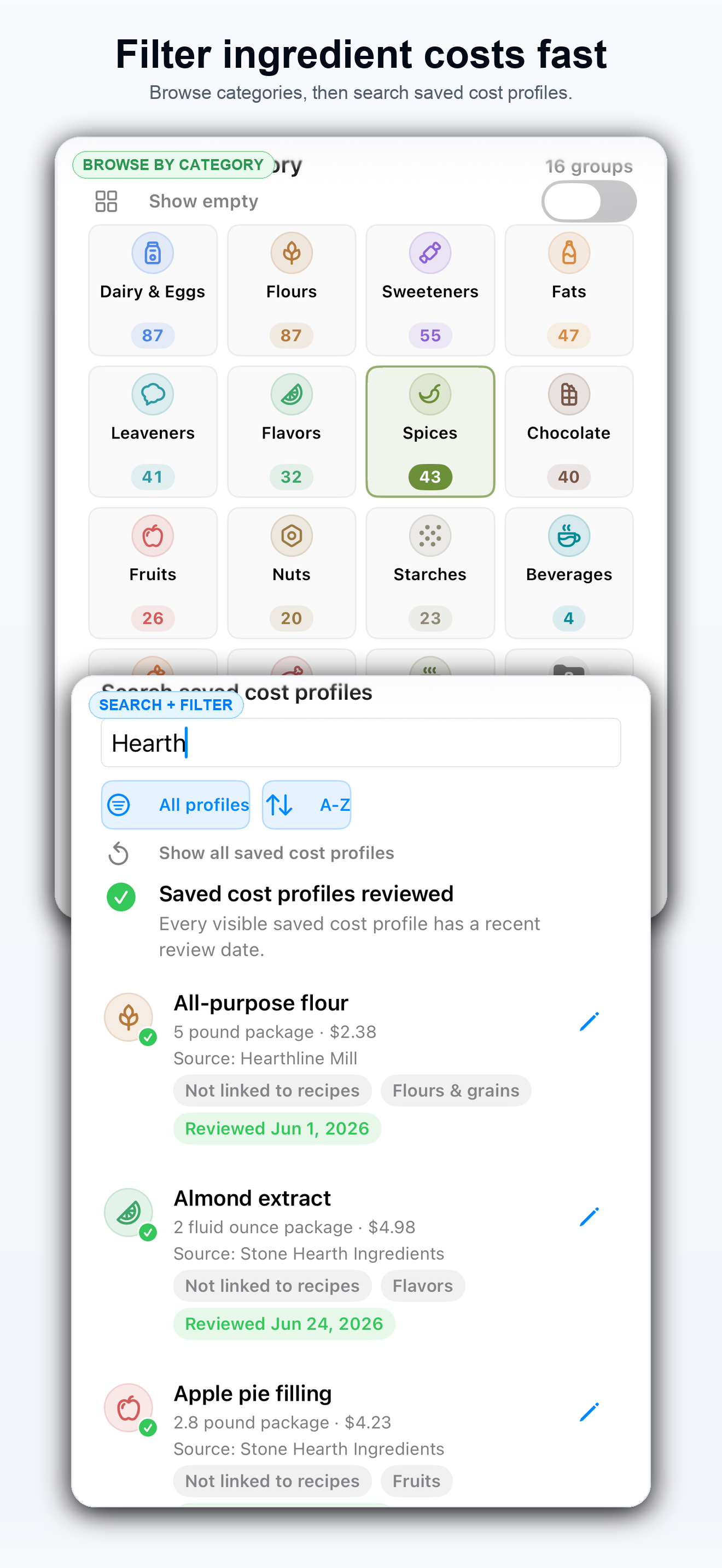 Portion Margin ingredient cost browser showing filters and saved cost profiles