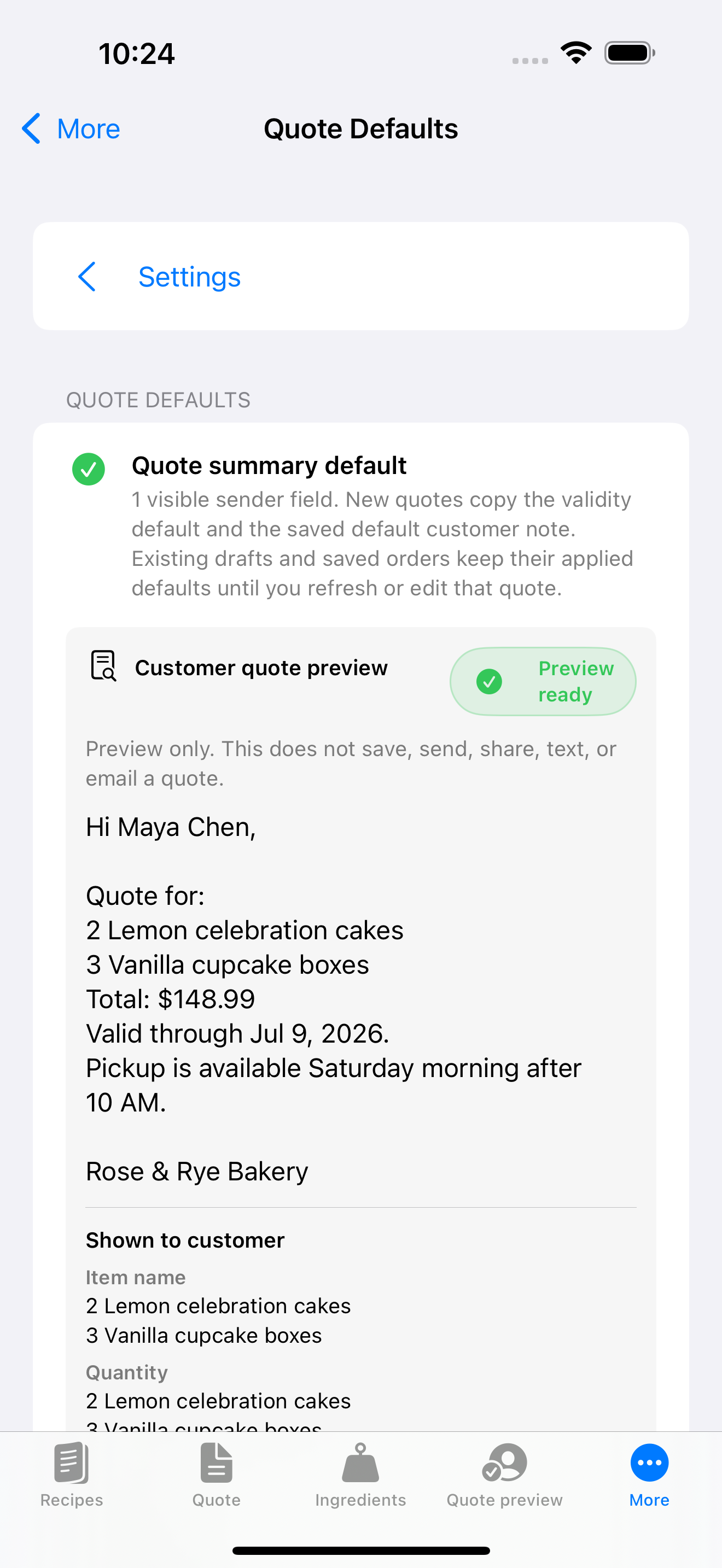 Portion Margin business settings screen showing quote defaults and a customer quote preview